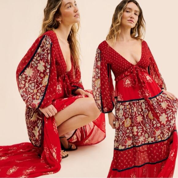 Free People XL Bohemian Gypsy Witchy Bali Laurel Maxi Dress Patchwork 70s - Picture 10 of 16